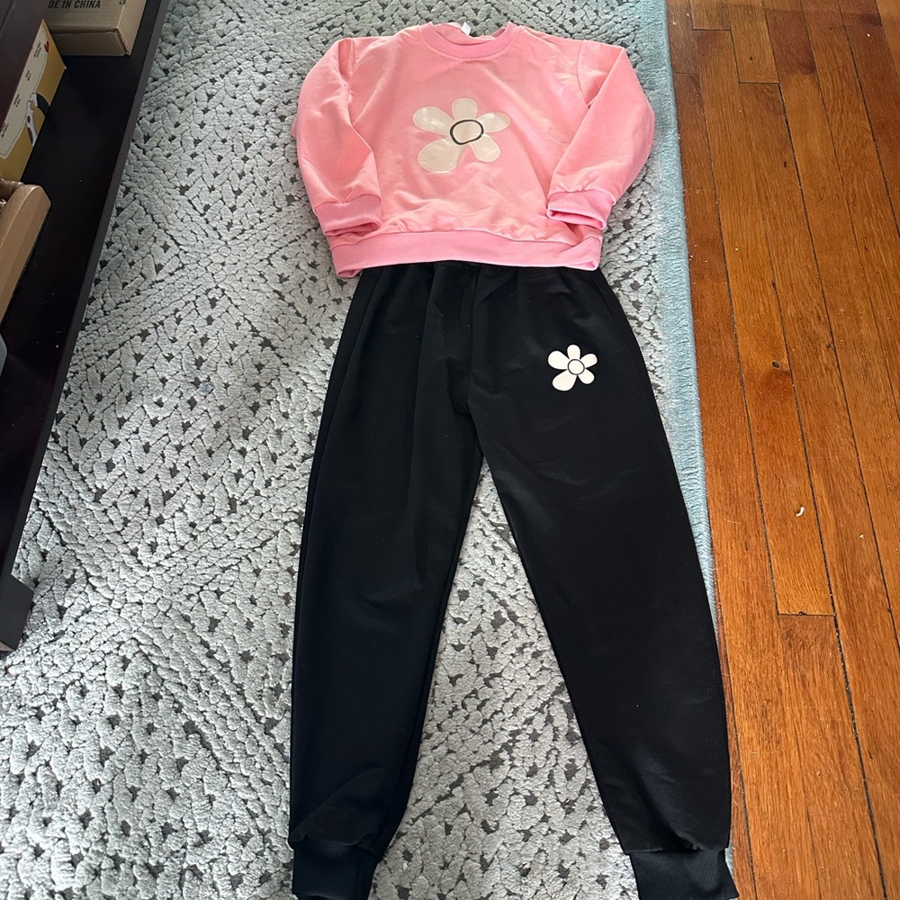 Kids Pink and Black Flower Sweatshirt and Joggers Set